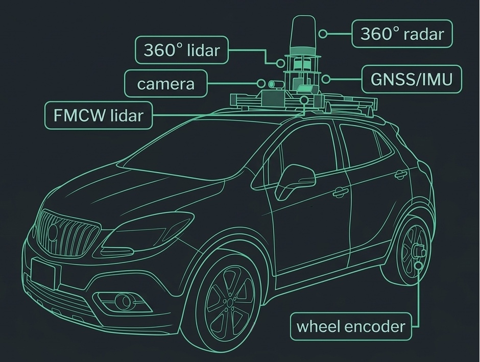 Three-quarter front view of the mapping vehicle, nose at left, with six labels. On the left: 360 degree lidar, camera, and FMCW lidar. On the right: 360 degree radar and GNSS/IMU. At the lower right: wheel encoder, its leader line reaching the rear hub.