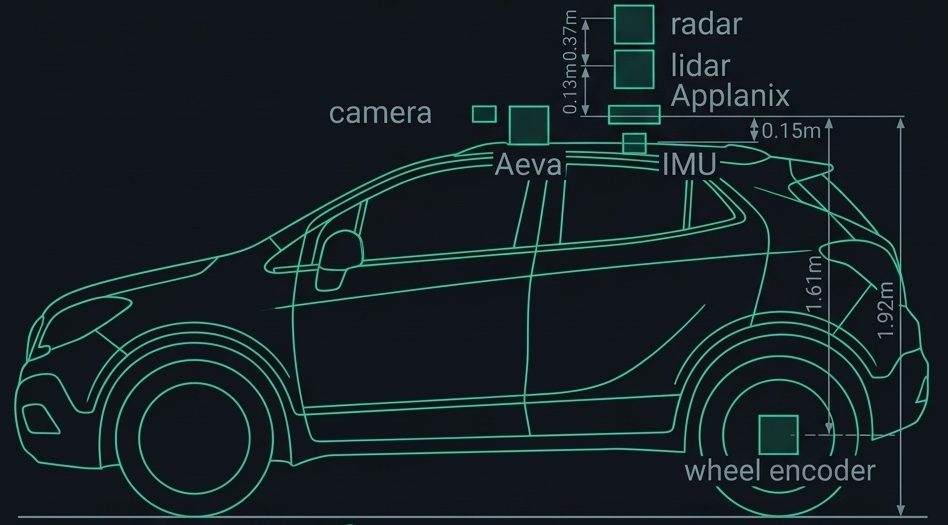 Side view of a mapping vehicle, front at left, with seven sensors labeled: a camera and an Aeva unit on the roof, an IMU behind them, a wheel encoder at the rear hub, and on a mast above the roof an Applanix unit, a lidar, and a radar stacked in that order. Vertical dimensions: 0.15 meters from the roof to the mount plane, 0.13 meters from the Applanix unit to the lidar, 0.37 meters from the lidar to the radar, 1.61 meters from the rear wheel hub to the mount plane, and 1.92 meters from the ground to the same plane.