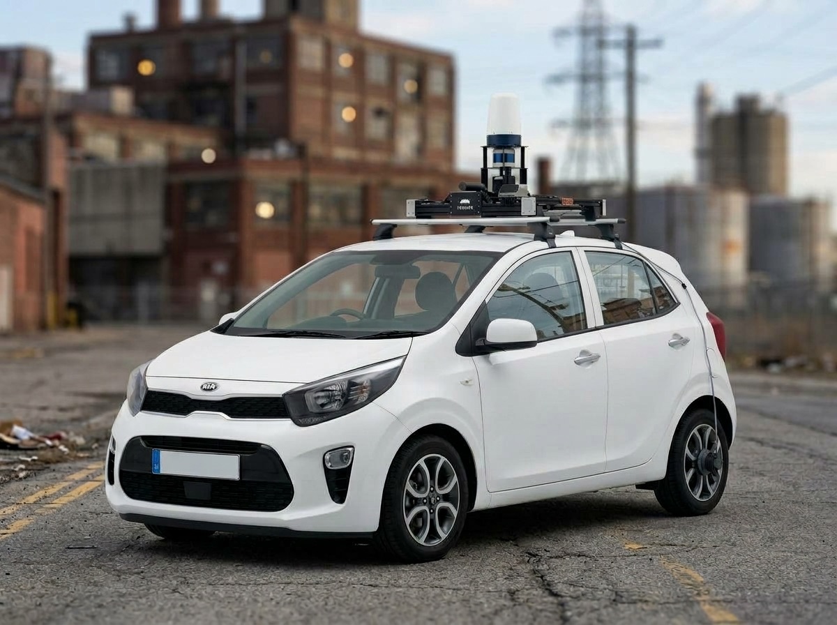 Three-quarter front view of a white compact car parked on cracked asphalt, nose at left, its roof rack carrying a mapping sensor payload: a cylindrical LiDAR on a raised mast above a flat sensor plate. Behind it stand brick industrial buildings, a transmission tower, and silos under an overcast sky.