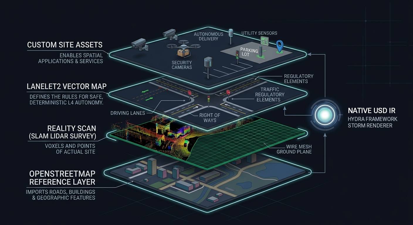Exploded view of the four USD layers Veer Studio composites into an HD Map: OpenStreetMap reference, SLAM LiDAR reality scan, Lanelet2 vector map, and custom site assets, rendered through a native USD imaging renderer.